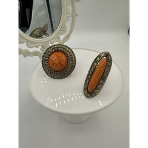 Vintage Gold Tone Adjustable Rings Agate Orange Excellent Made In China